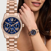 Michael Kors Lexington MK4926 Lux Multifunction (34mm) Blue Dial / Rose-Gold PVD Stainless Steel Bracelet Women's Watch