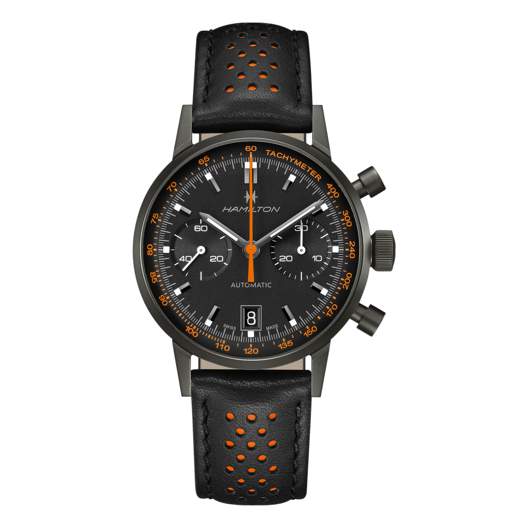 Hamilton American H38446732 Classic Intra-Matic Auto Chrono (40mm) Black & Orange Dial / Black Perforated Leather Strap
Men's Watch