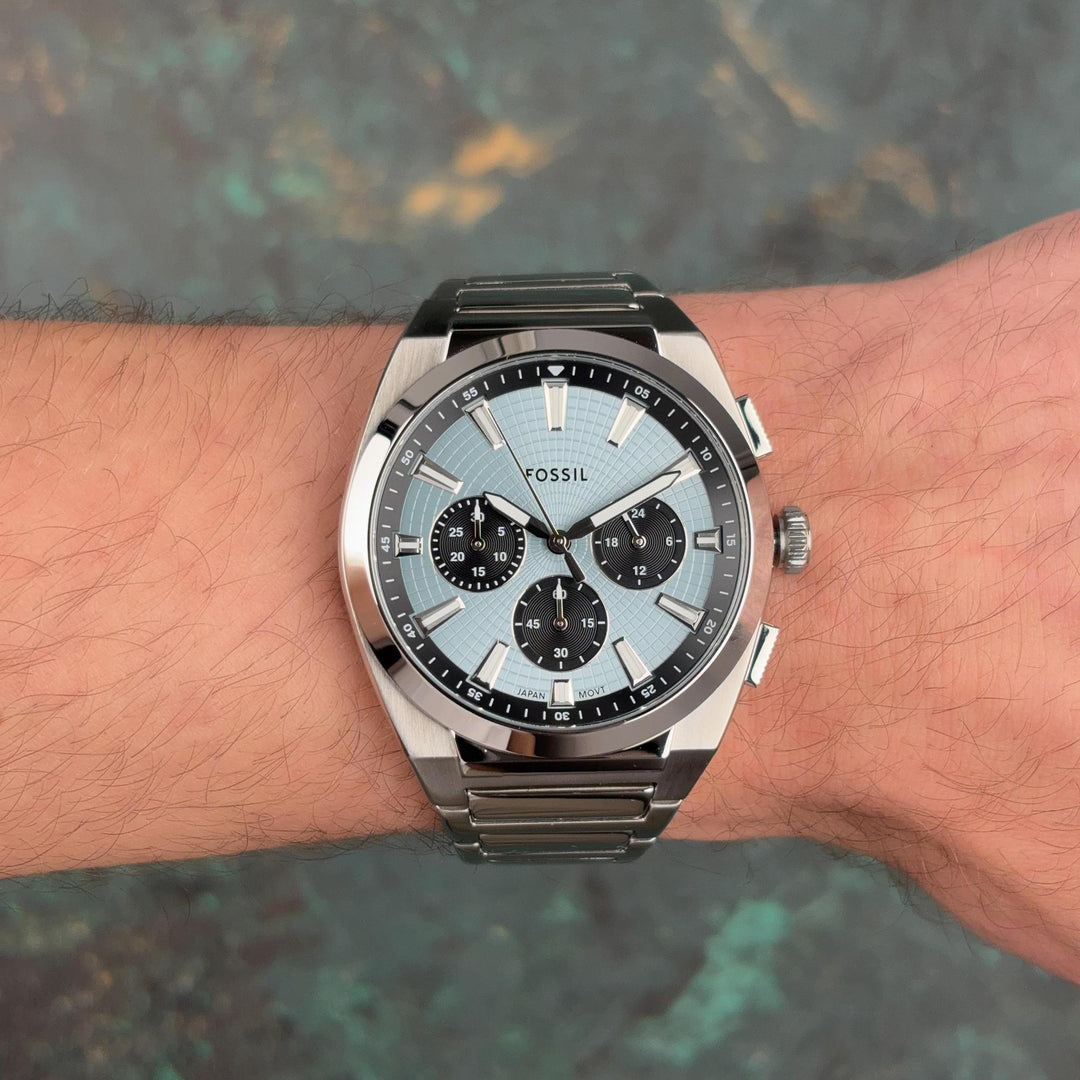 Fossil FS6105 Everett Ice Blue Dial Chronograph Stainless Steel Bracelet Men's Watch