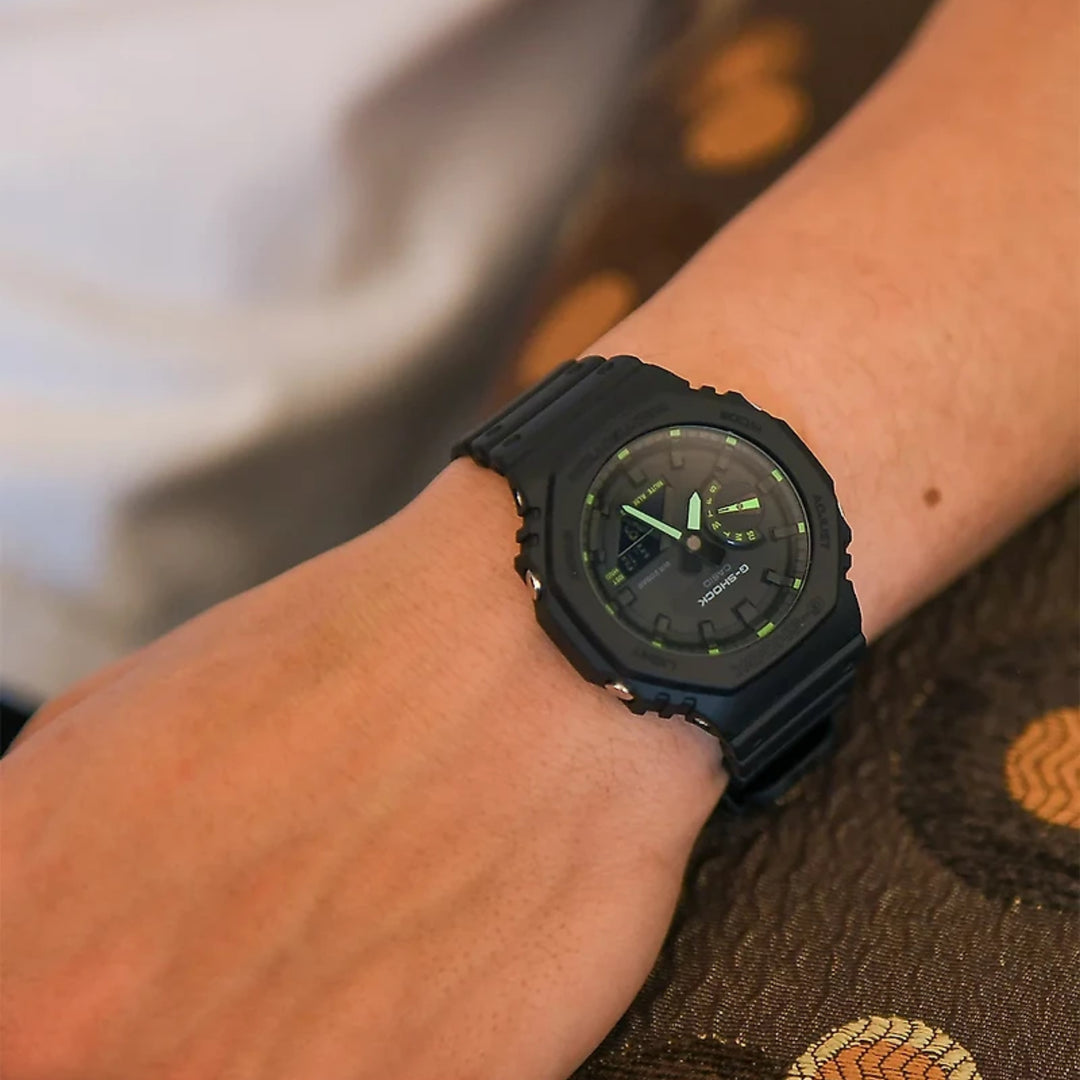 Casio G-Shock GA-2100-1A3ER 2100 Utility Black Series Neon Green Details Men's Watch