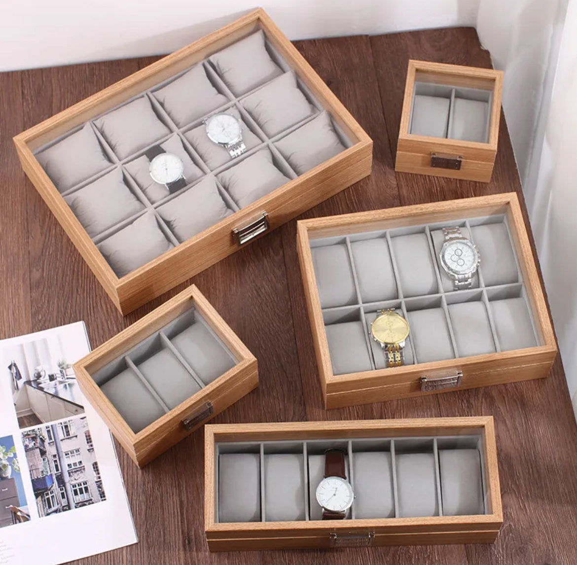 3 Slot Laminate Wood Watch Storage Box (Bamboo Colour)/Watch Box Holder/Case/Organiser with Display Glass