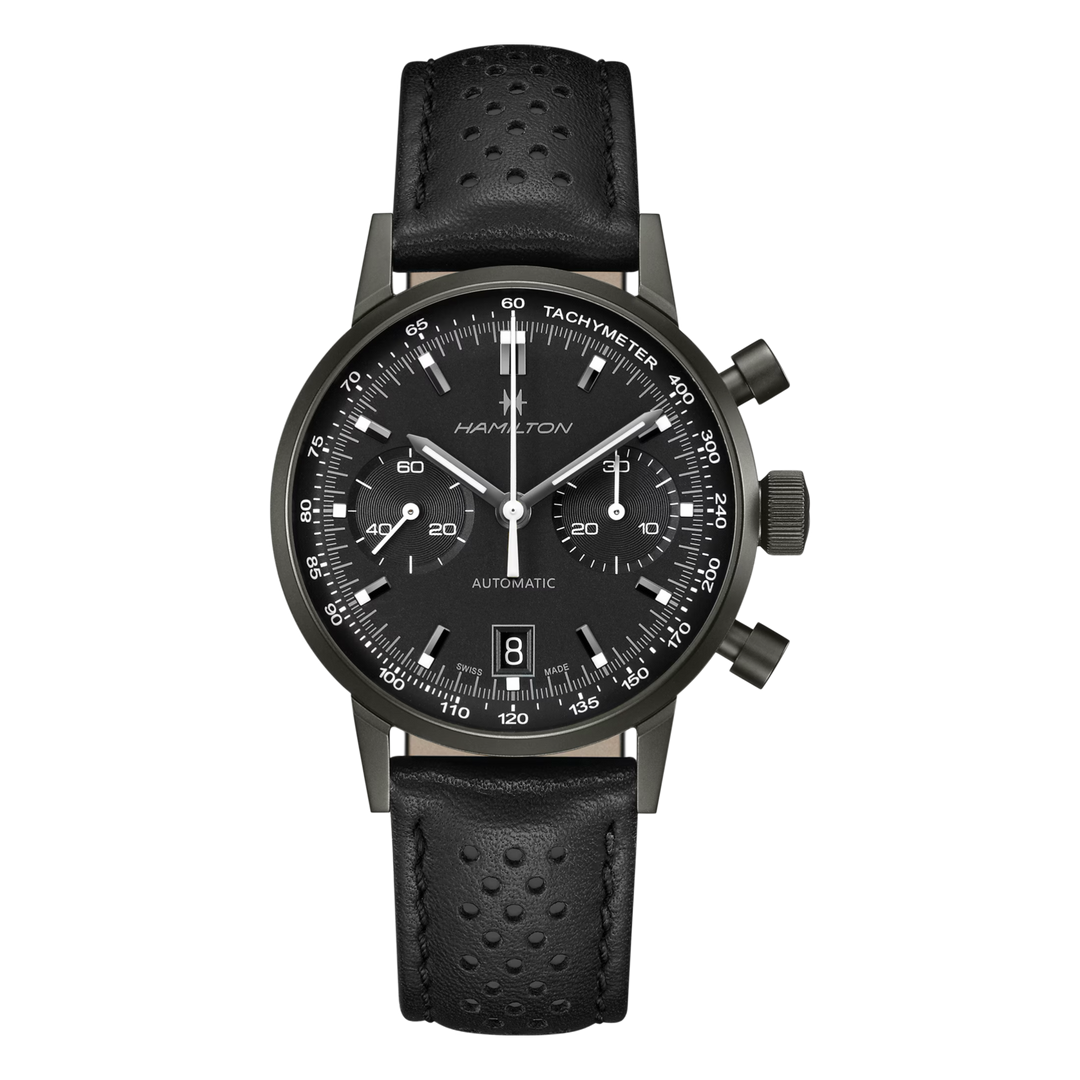 Hamilton American H38446730 Classic Intra-Matic Auto Chrono (40mm) Black Dial / Black Perforated Leather Strap Men's Watch