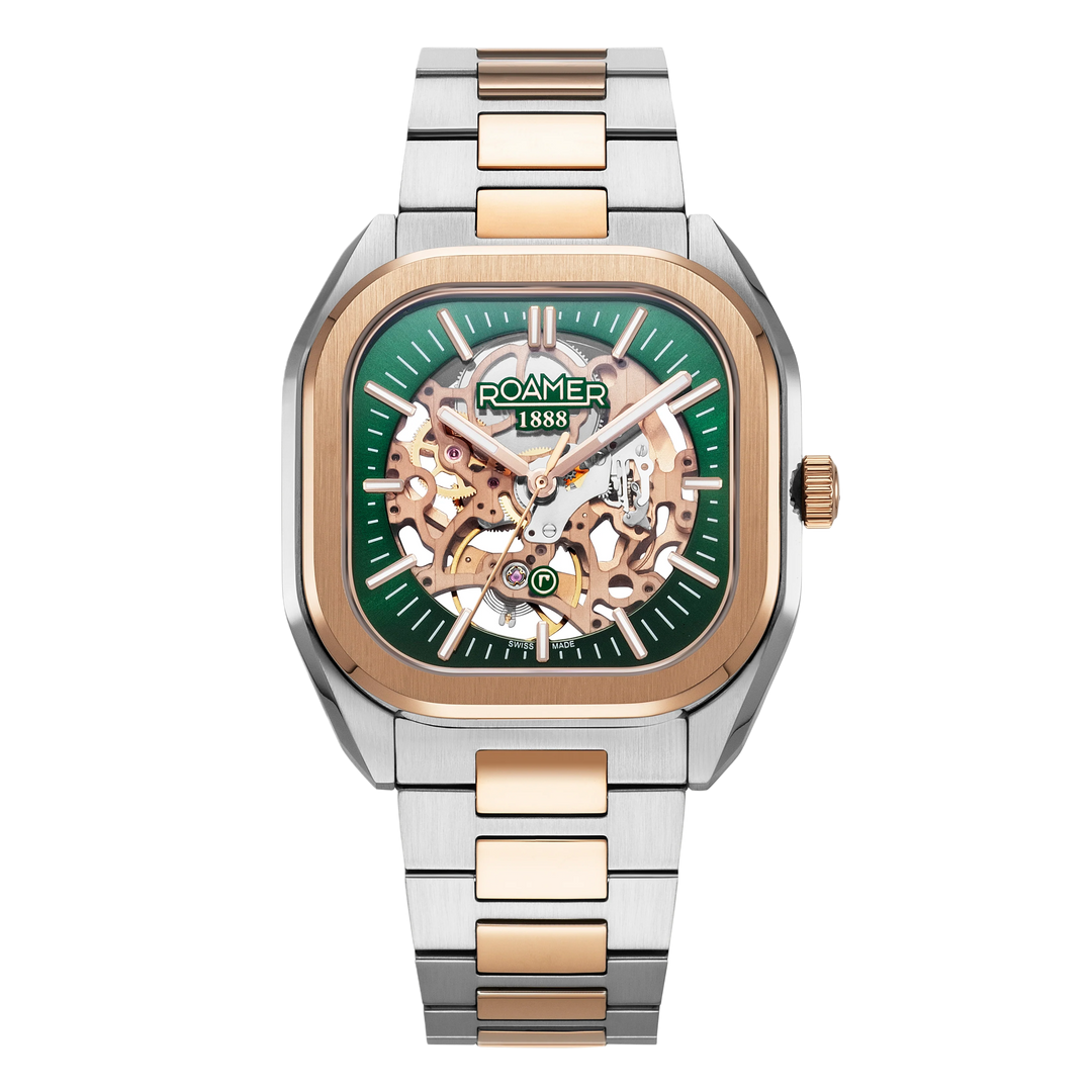 Roamer Men's Mechano MST (39.5mm) Green Skeleton Dial / Two-Tone Stainless Steel & Brown Leather Strap Set