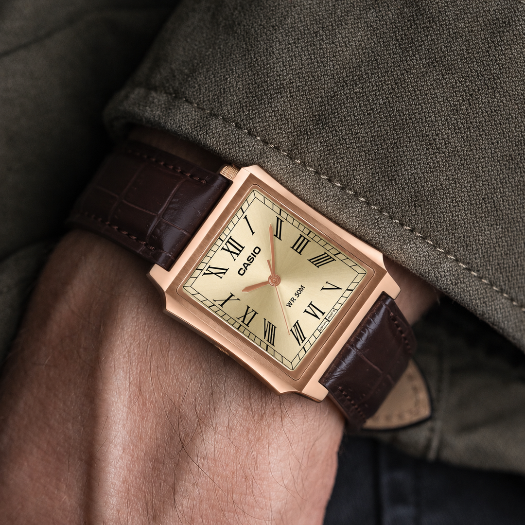 Casio Standard (Cartier Tank Type) Analogue MTP-B190RGL-9BV Rose Gold Case Leather Strap Men’s Watch