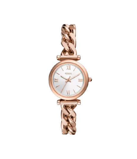 Fossil ES5330 Carlie 28mm Silver Dial Rose Gold Tone Stainless Steel Chain Style Bracelet Women's Watch