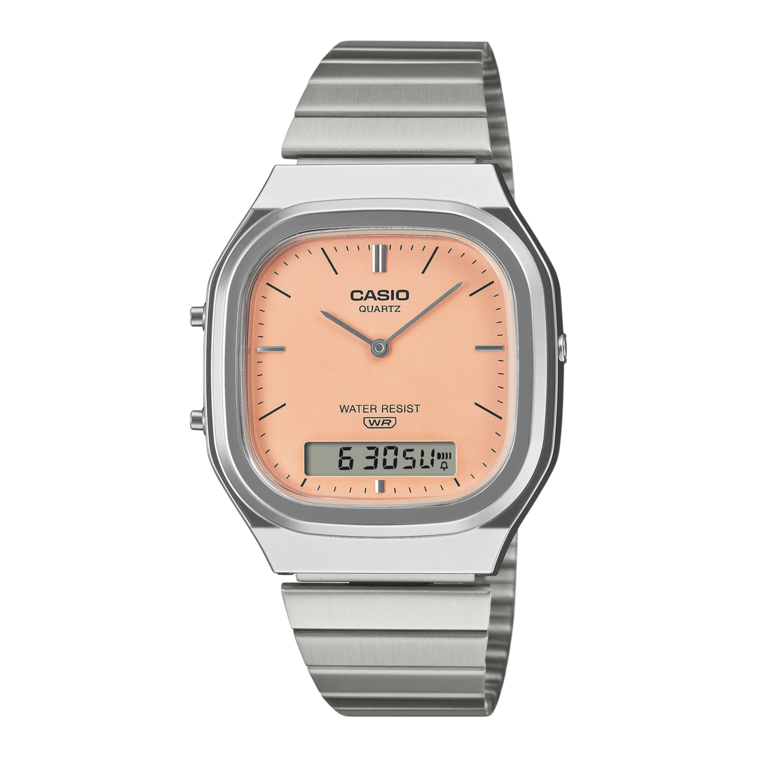 Casio Vintage AQ-240E-4A Dual-Display (35.8mm) Salmon Pink Dial / Stainless Steel Bracelet Unisex Watch