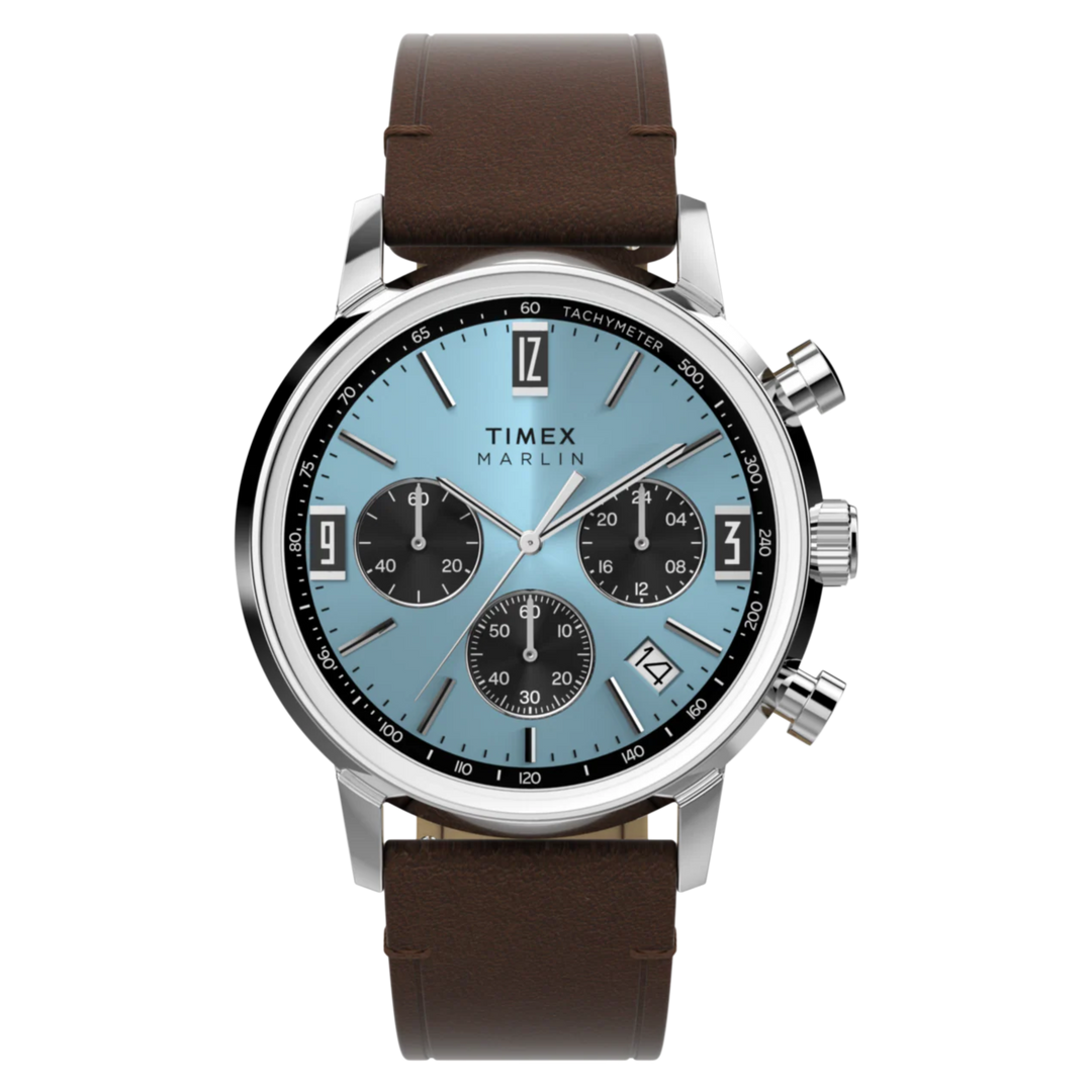Timex Marlin Chronograph ‘Panda Dial’ TW2Y66600 Tachymeter (40mm) Ice Blue Dial / Brown Leather Strap Men’s Watch
