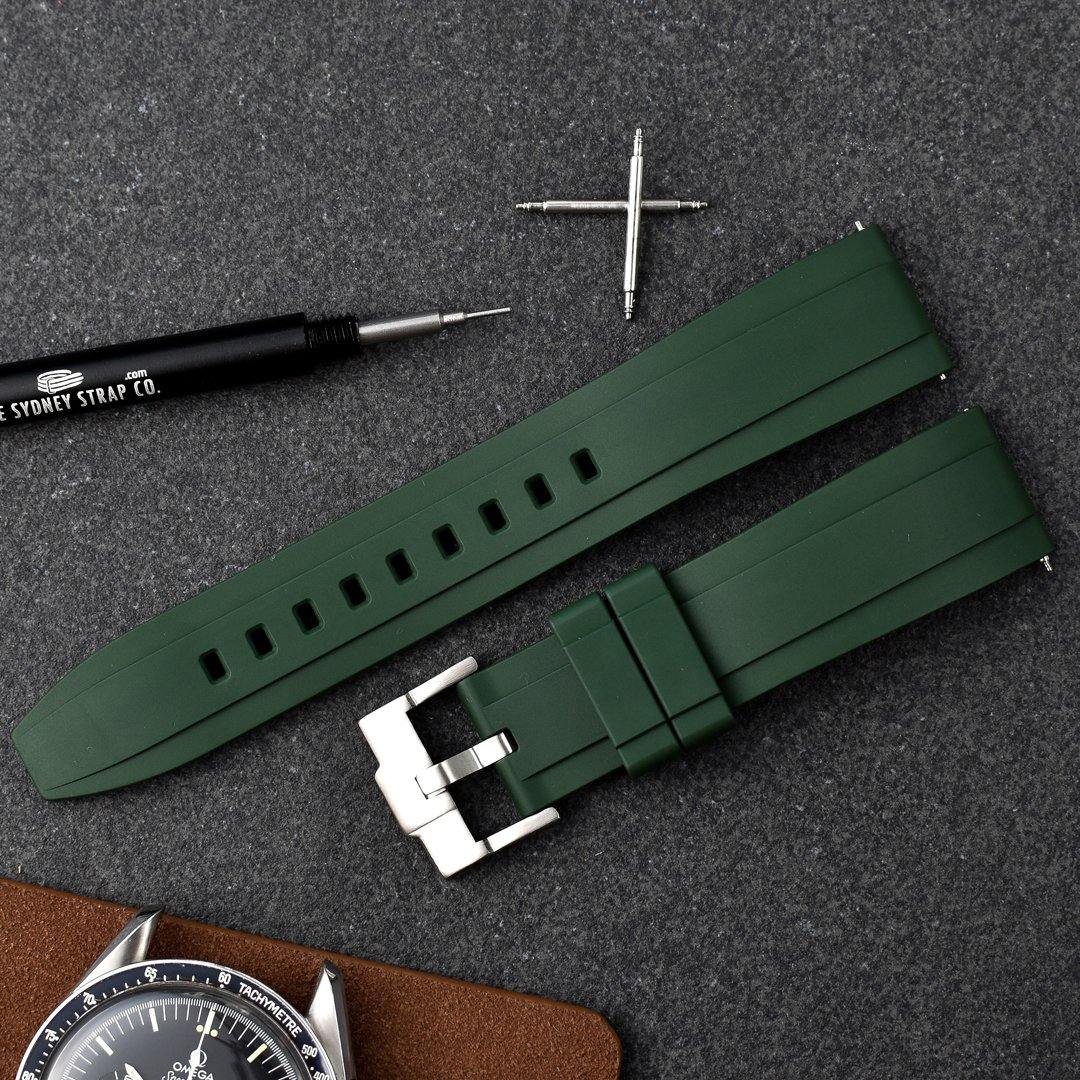 Premium Swiss Grade Vulcanized FKM (Flex) 22mm Dark Green Rubber Strap Quick Release Watchband for Seiko and other Divers
