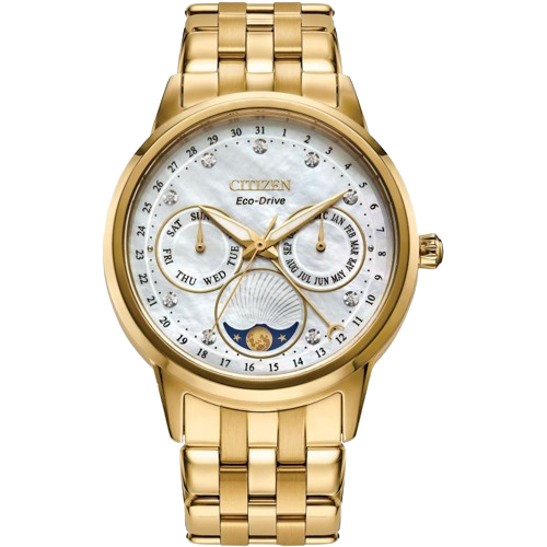 Citizen  FD0002-57D Moonphase Eco Drive 36.5mm Mother of Pearl Dial Gold Stainless Steel Bracelet Women’s Watch