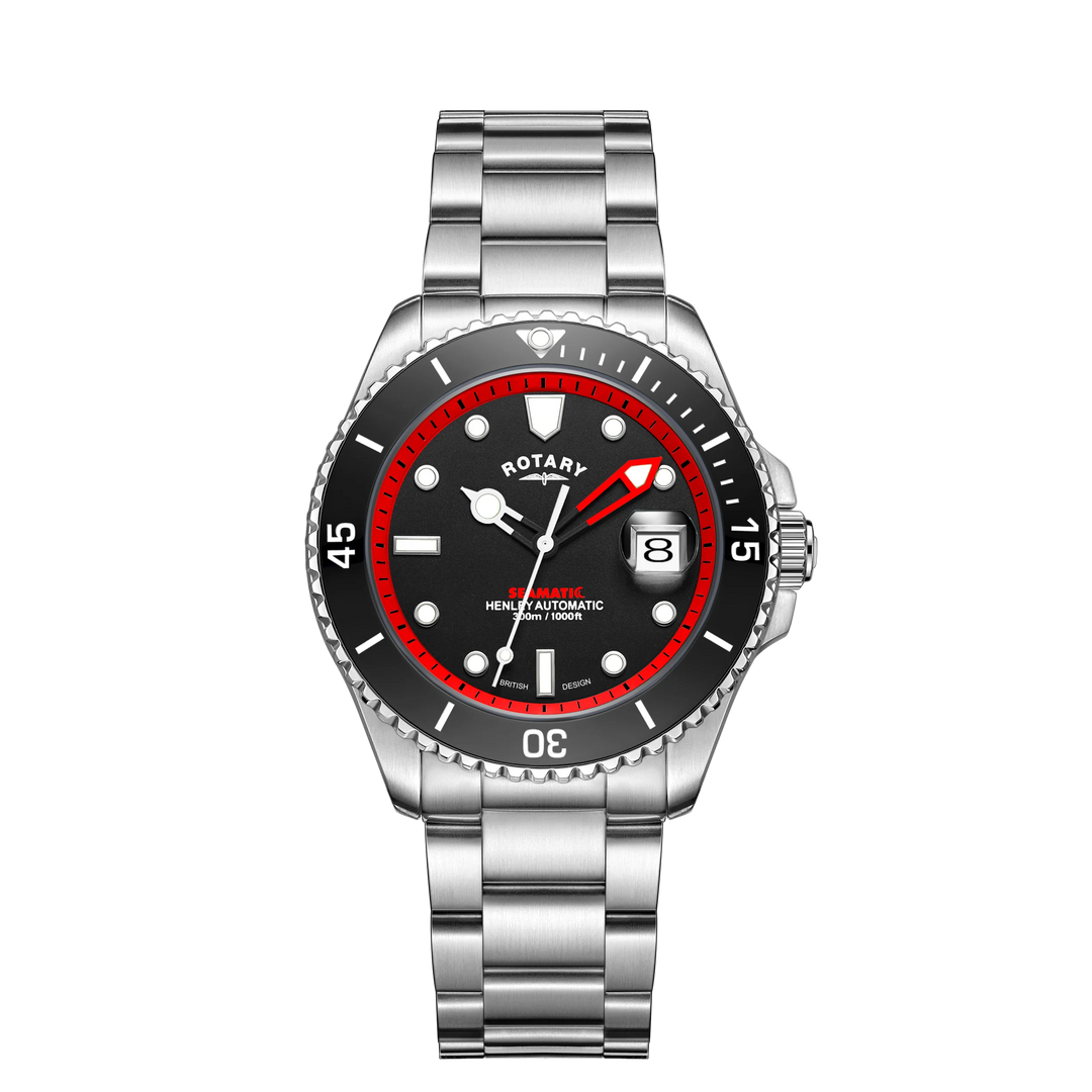 Rotary GB05430/81 Henley Seamatic Black and Red Dial Stainless Steel Bracelet Men's Watch