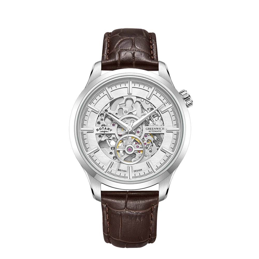 Rotary GS02945/06 Greenwich Silver Skeleton Dial Brown Leather Strap Men's Watch