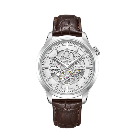 Rotary GS02945/06 Greenwich Silver Skeleton Dial Brown Leather Strap Men's Watch