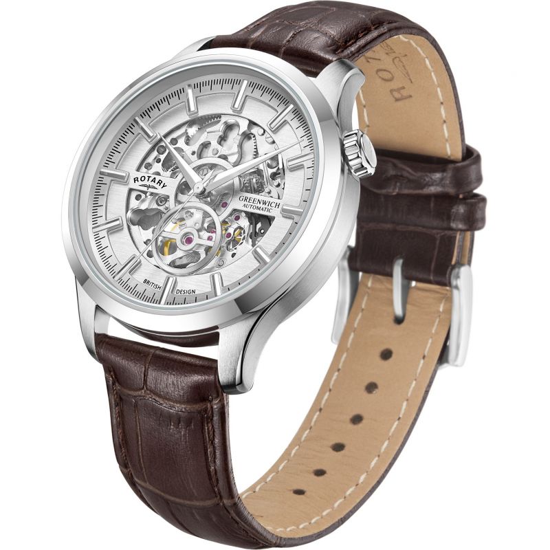 Rotary GS02945/06 Greenwich Silver Skeleton Dial Brown Leather Strap Men's Watch