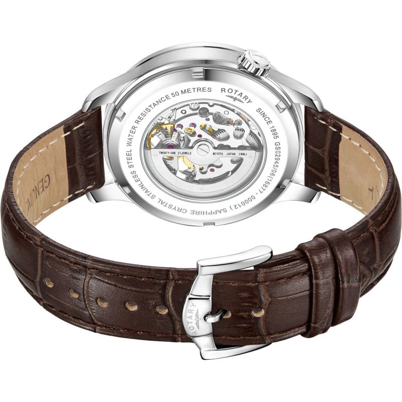 Rotary GS02945/06 Greenwich Silver Skeleton Dial Brown Leather Strap Men's Watch