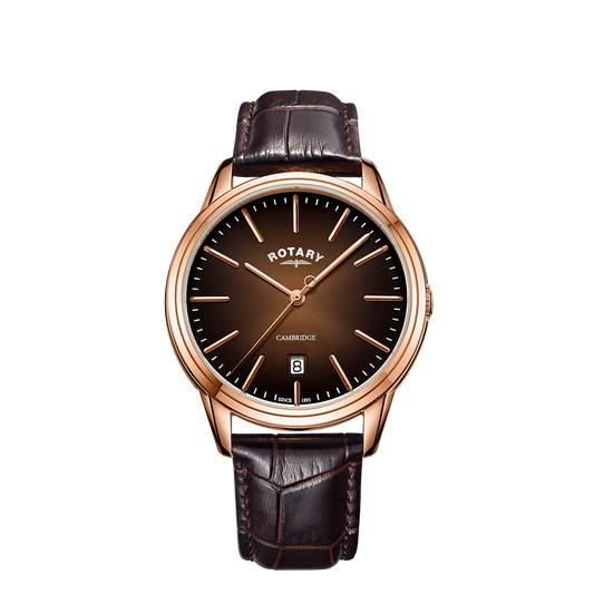 Rotary GS05394/16 Cambridge Sapphire Crystal Rose Gold PVD Case Brown Leather Strap Men's Watch