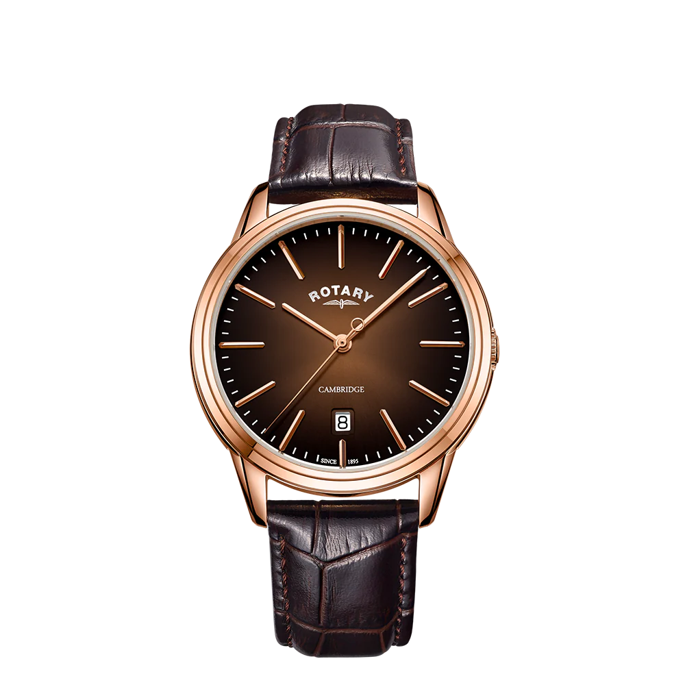 Rotary GS05394/16 Cambridge Sapphire Crystal Rose Gold PVD Case Brown Leather Strap Men's Watch