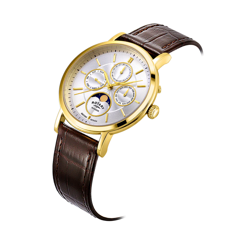 Rotary GS05428/06 Windsor Moonphase Silver Dial Gold PVD Brown Leather Strap Men's Watch