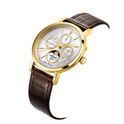Rotary GS05428/06 Windsor Moonphase Silver Dial Gold PVD Brown Leather Strap Men's Watch