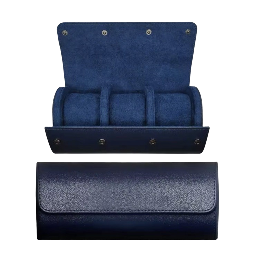 3 Slots Navy Blue Luxury Watch Box/ Roll Travel Case Chic Portable Vintage Leather