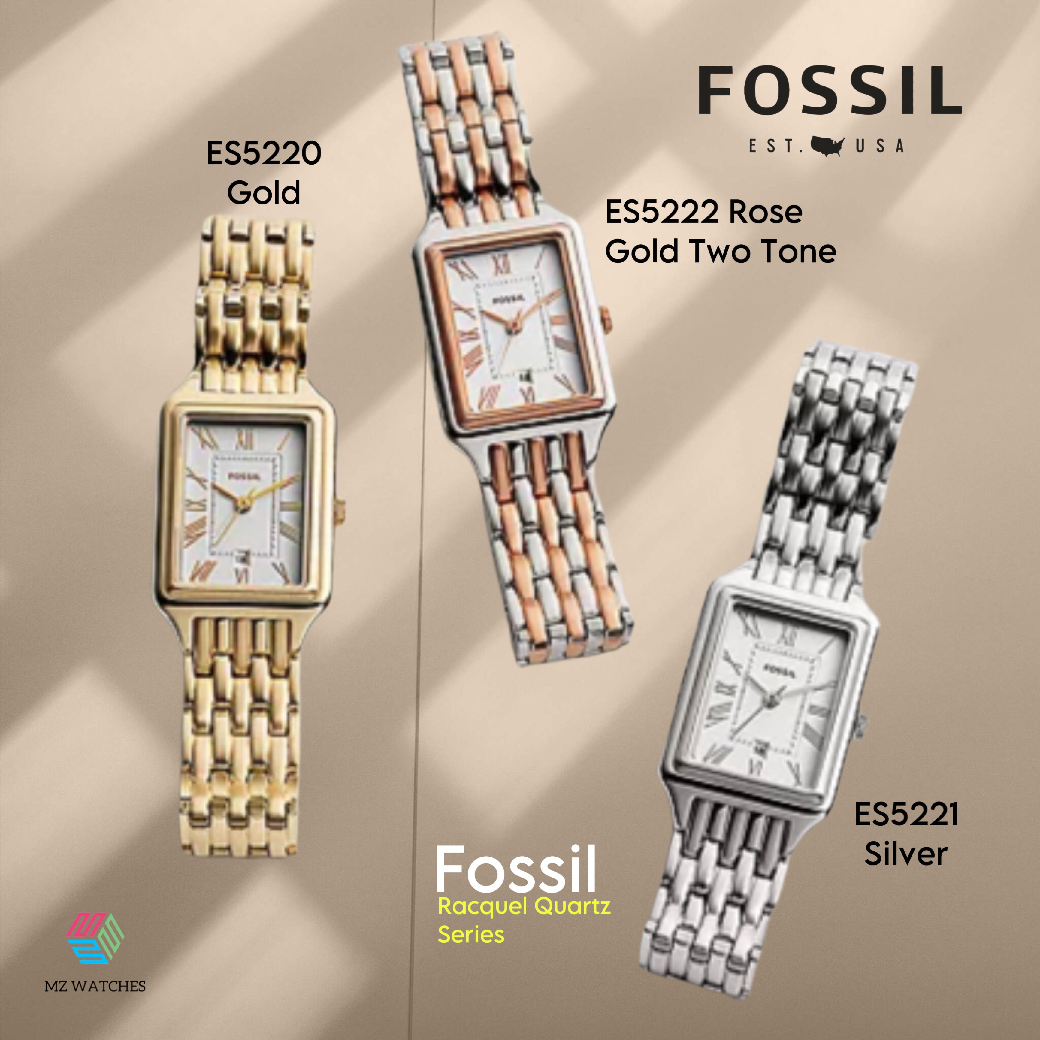 Fossil Raquel | White Rectangular Dial | Gold Bracelet ES5220