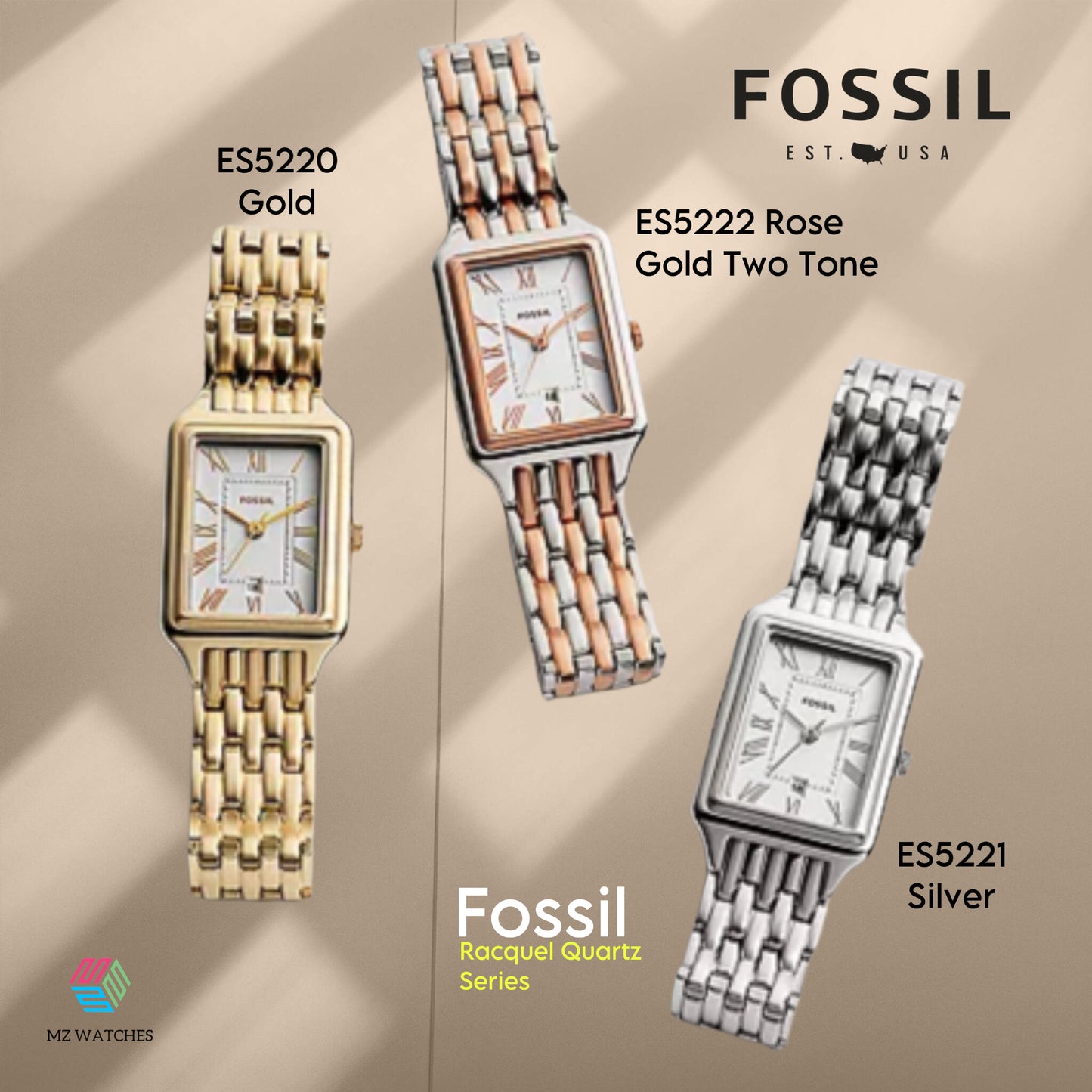 Fossil Raquel | White Rectangular Dial | Gold Bracelet  ES5220 Women's Watch