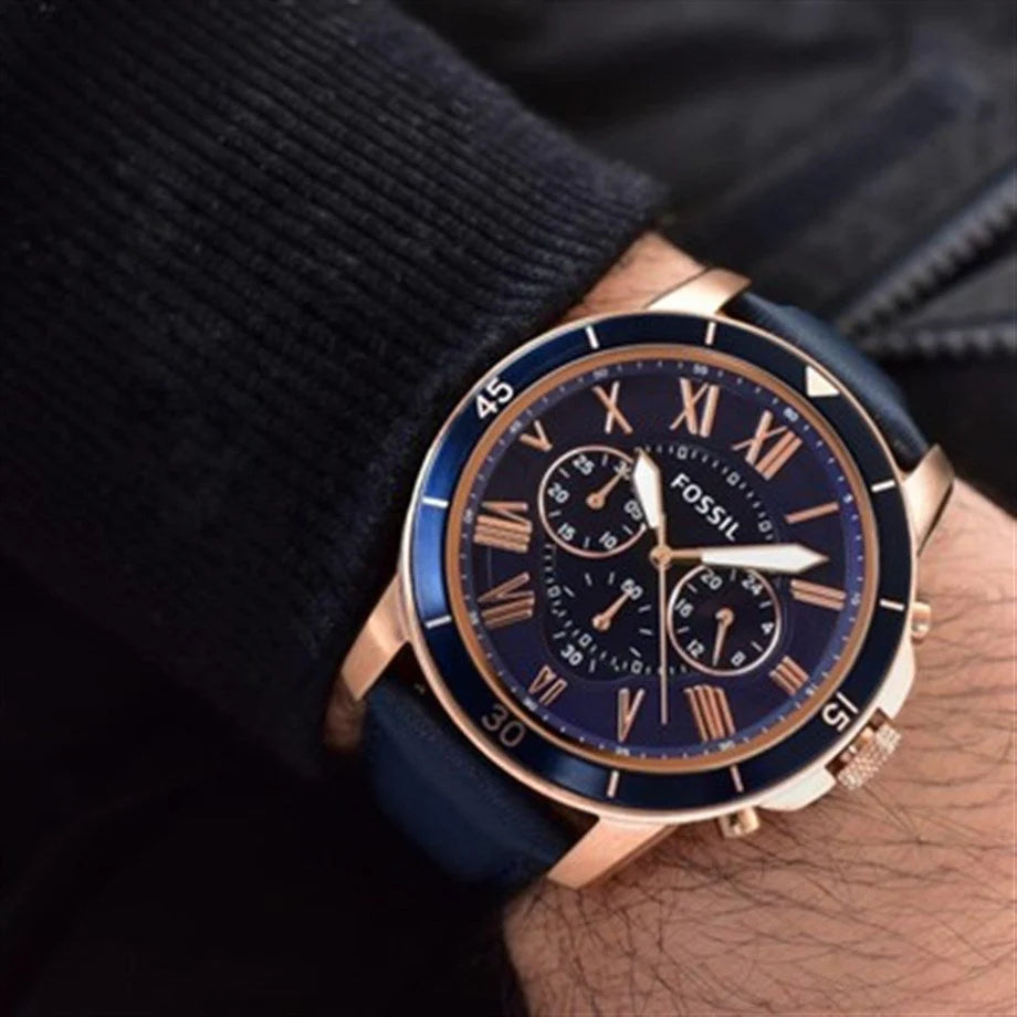 Fossil FS5237 Grant Blue Dial Chronograph Rose Gold Cade Blue Leather Strap Mens Watch