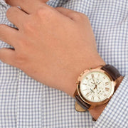 Fossil  FS4991 Grant  White Dial Chronograph  Rose Gold Case Brown Leather Strap Mens Watch