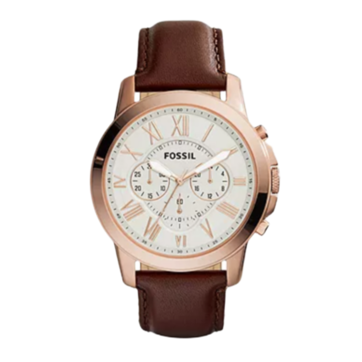 Fossil FS4991 Grant White Dial Chronograph Rose Gold Case Brown Leathe ...