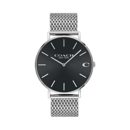 Coach Charles Silver Mesh Bracelet Black Dial  14602144 Men's Watch