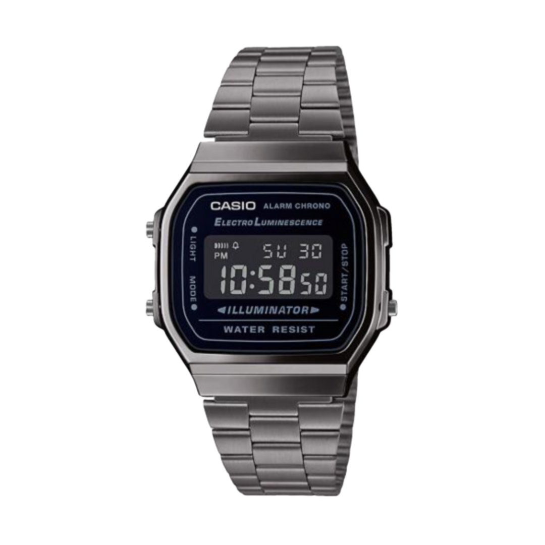 Casio A168WGG-1BDF Vintage Silver Stainless Steel Bracelet Black Dial Gun Metal Men's Watch