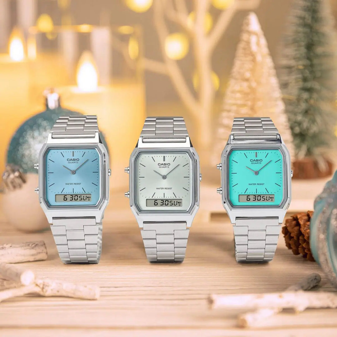 Casio  AQ- 230A-2A1MQY Dual Time Display Vintage Ice Blue Dial Stainless Steel Bracelet Men & Women Watches