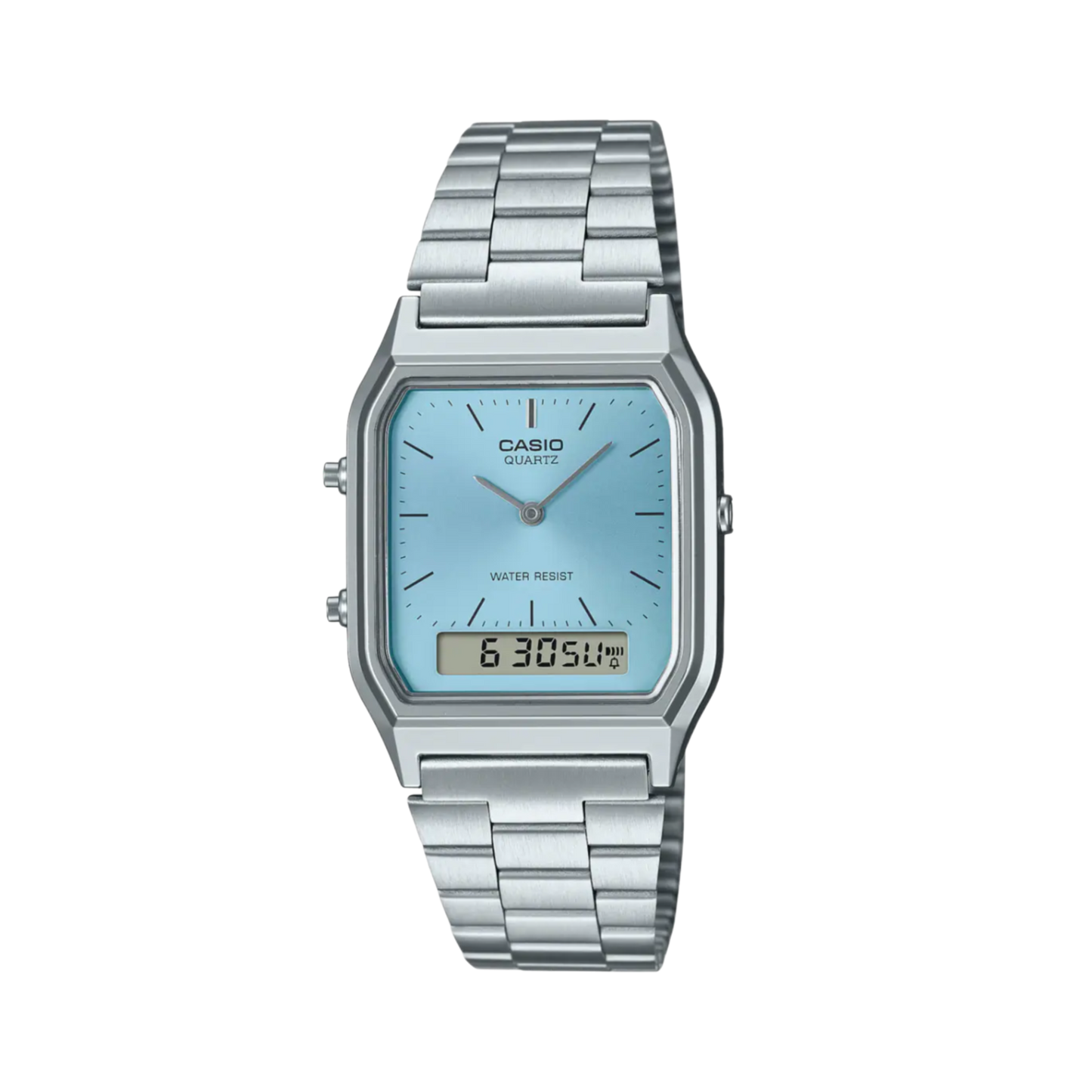 Casio  AQ- 230A-2A1MQY Dual Time Display Vintage Ice Blue Dial Stainless Steel Bracelet Men & Women Watches