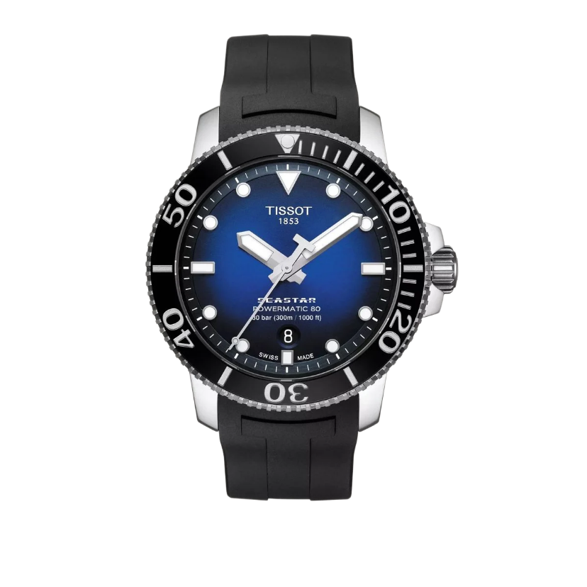 Tissot T1209071704100 Seastar 1000 Powermatic 80 (43mm) Graded Blue Dial  Black Rubber Strap Watch  Men's Watch