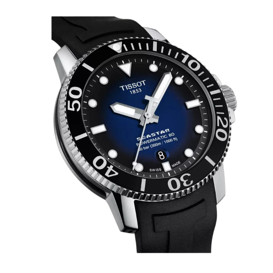 Tissot T1209071704100 Seastar 1000 Powermatic 80 (43mm) Graded Blue Dial  Black Rubber Strap Watch  Men's Watch