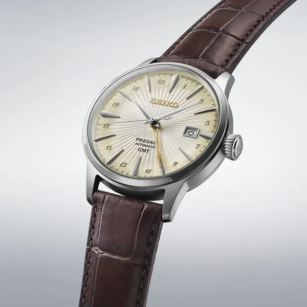 Seiko SSK041J Presage Acacia Cocktail Time GMT 40.5mm Cream Dial Brown Leather Strap Men's Watch