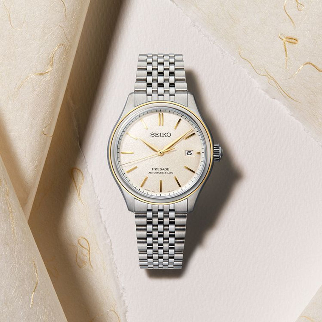 Seiko SPB478J1  Presage Classic Series in Delicate Cream Silk 40.2mm Champagne Dial Steel Bracelet Automatic Men's Watch