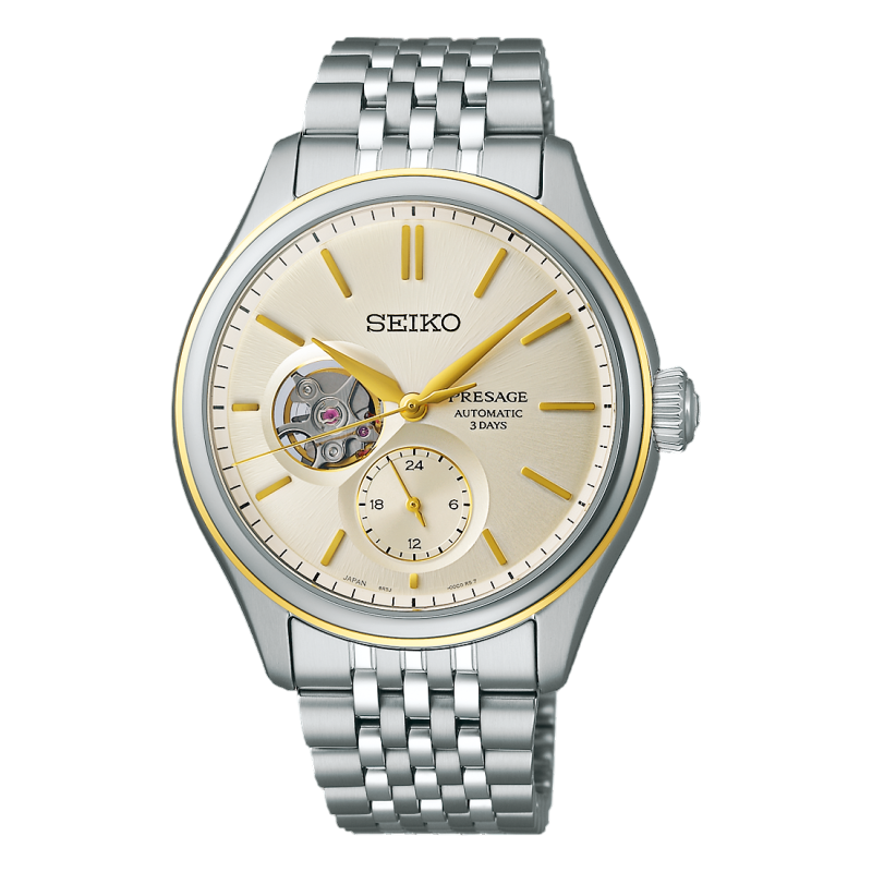 Seiko SPB480J1  Presage Classic Series Open Heart in Delicate Cream Silk 40.2mm Champagne Dial Steel Bracelet Automatic Men's Watch