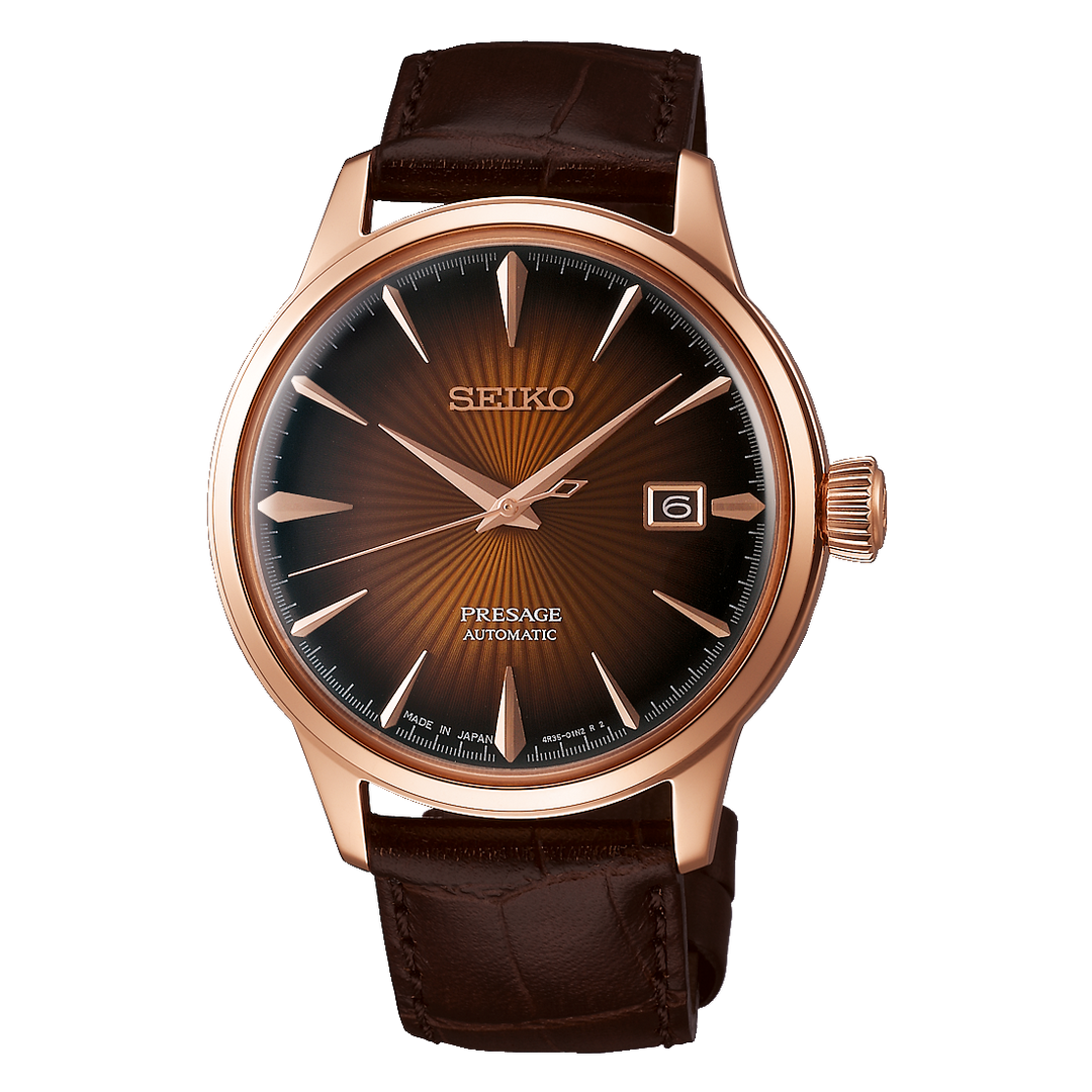 Seiko SRPB46J1 Presage Cocktail Automatic Rose Gold Case Brown Leather Strap Men's Watch