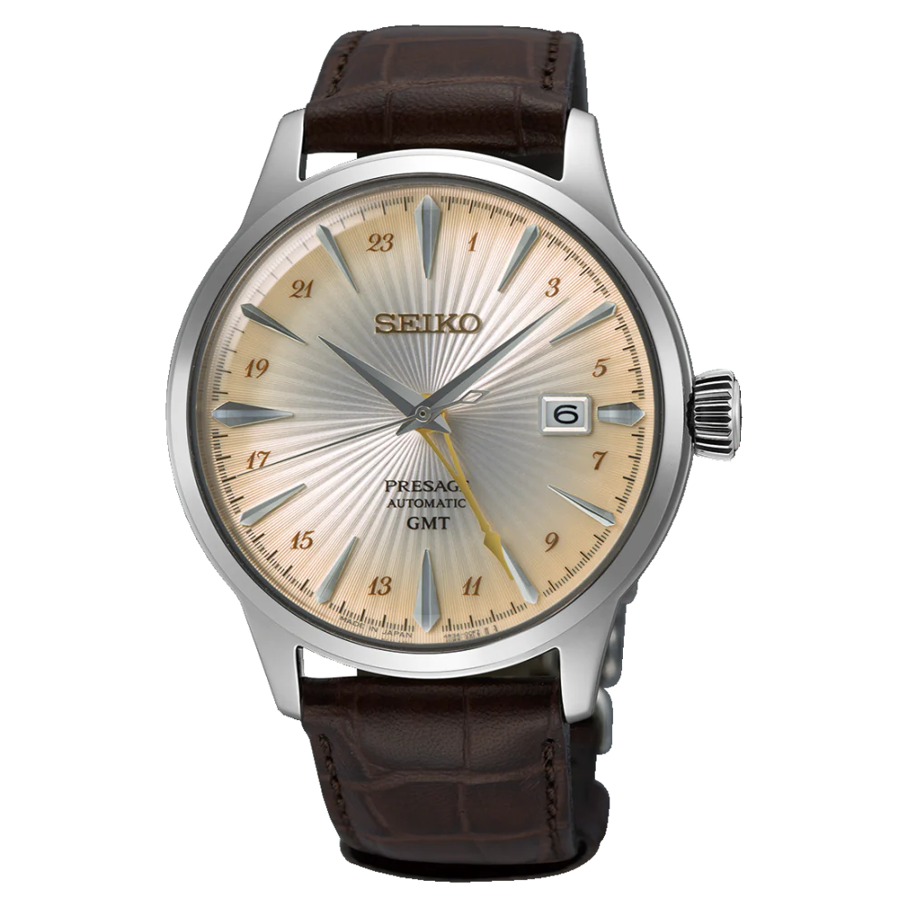 Seiko SSK041J Presage Acacia Cocktail Time GMT 40.5mm Cream Dial Brown Leather Strap Men's Watch