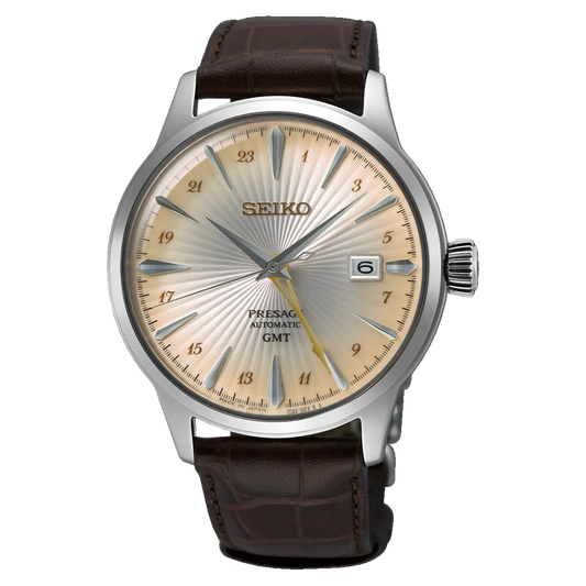 Seiko SSK041J Presage Acacia Cocktail Time GMT 40.5mm Cream Dial Brown Leather Strap Men's Watch