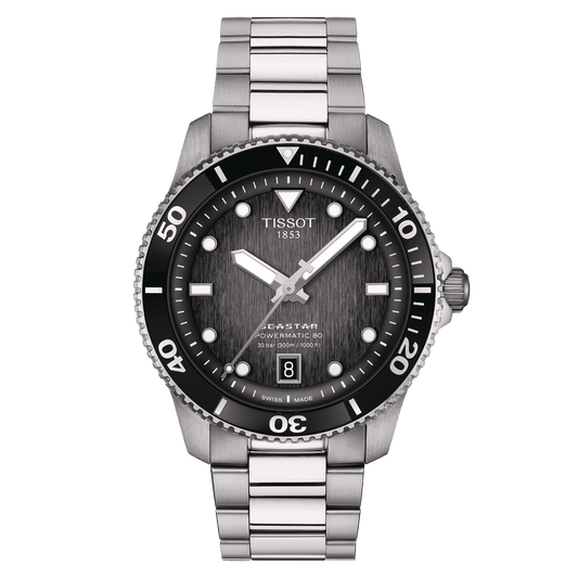 Tissot T1208071105100 Seastar 1000 Powermatic 80 40mm Grey Black Dial Stainless Steel Bracelet  Men's Watch