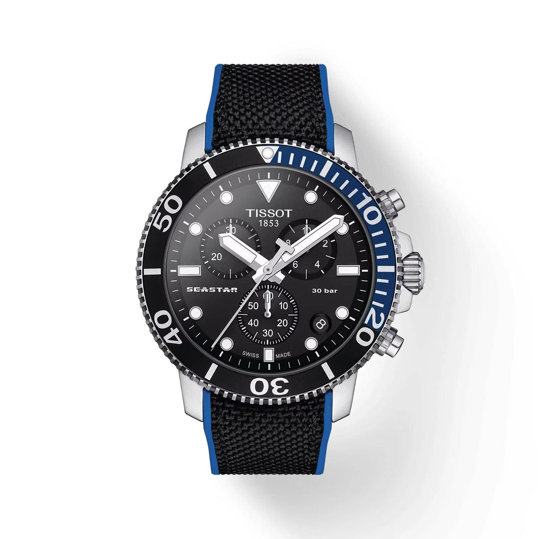 Tissot T1204171705103 Seastar 1000 Chronograph Black Dial Black & Blue Strap Men’s Watch - mzwatcheslk srilanka