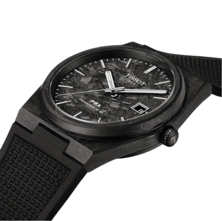 Tissot  T1379079720100  PRX Forged Carbon Powermatic 80 40.5mm Black Carbon Dial  Black Rubber Strap Men's Watch