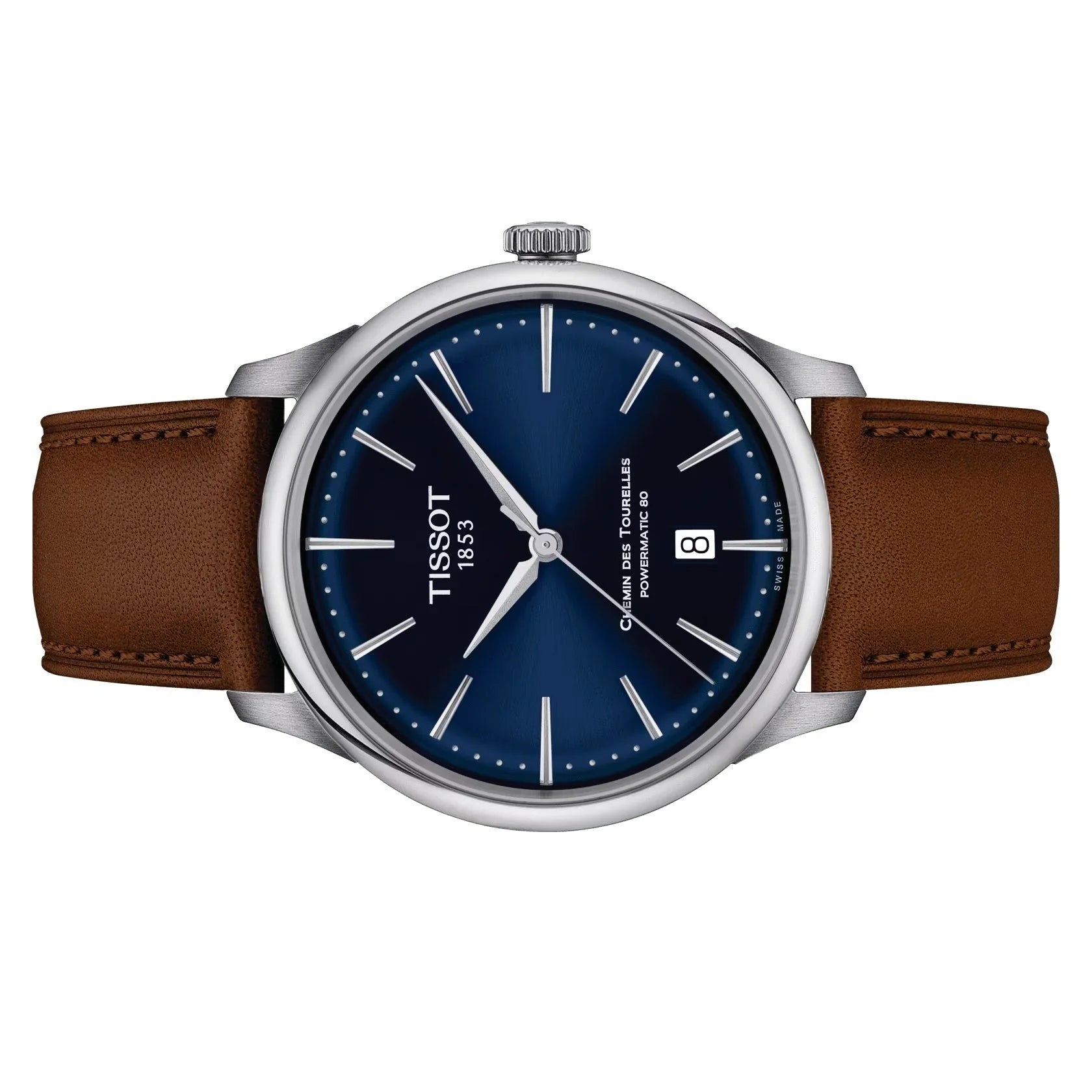 Tissot T1398071604100 Chemin Des Tourelles Powermatic 80 Blue Dial Brown Leather Strap Men's Watch - mzwatcheslk srilanka