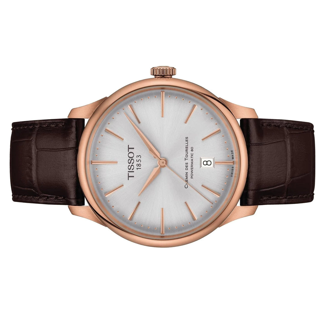 Tissot T1398073603100 Chemin Des Tourelles Powermatic 80 Silver Dial Brown Leather Strap Men's Watch - mzwatcheslk srilanka