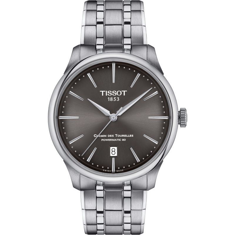 Tissot T1398071106100 Chemin Des Tourelles Powermatic 80 Grey Dial Stainless Steel Bracelet Men's Watch - mzwatcheslk srilanka