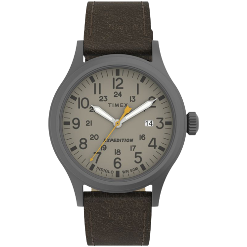 Timex TW4B23100 Expedition Scout Gunmetal Khaki Dial Dark Brown Leather Strap Men's Watch