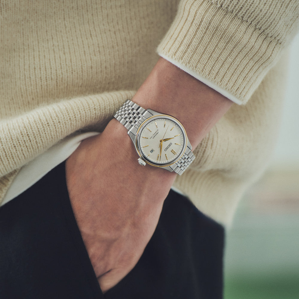 Seiko SPB478J1  Presage Classic Series in Delicate Cream Silk 40.2mm Champagne Dial Steel Bracelet Automatic Men's Watch