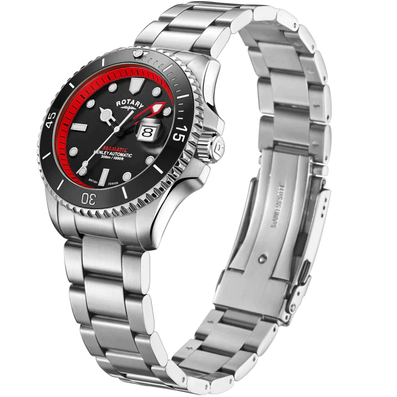 Rotary GB05430/81 Henley Seamatic Black and Red Dial Stainless Steel Bracelet Men's Watch