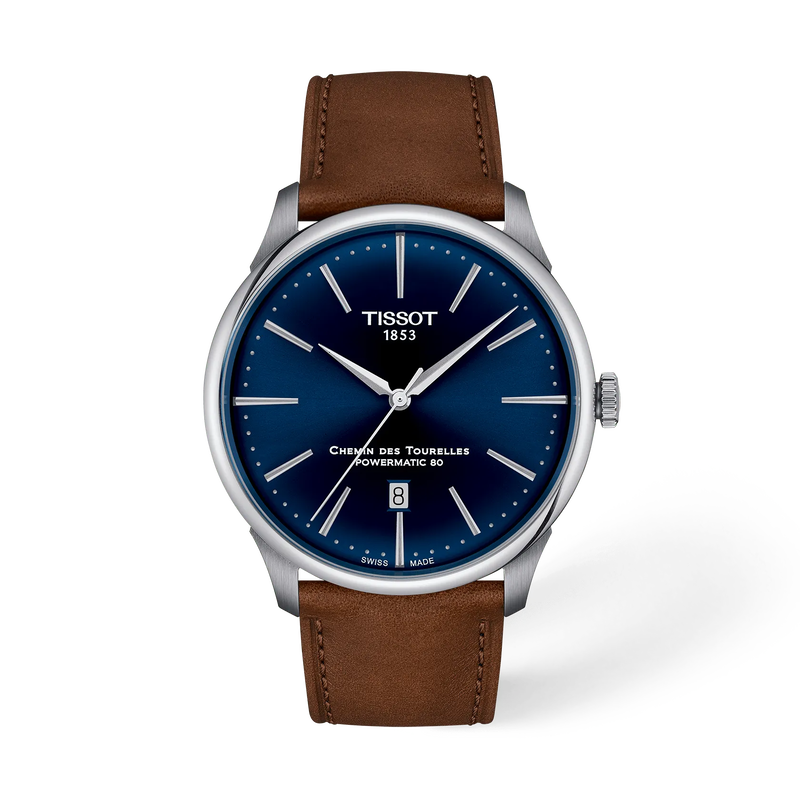 Tissot T1394071604100 Chemin Des Tourelles Powermatic 80 (42mm) Blue Dial Brown Leather Strap  Men's Watch